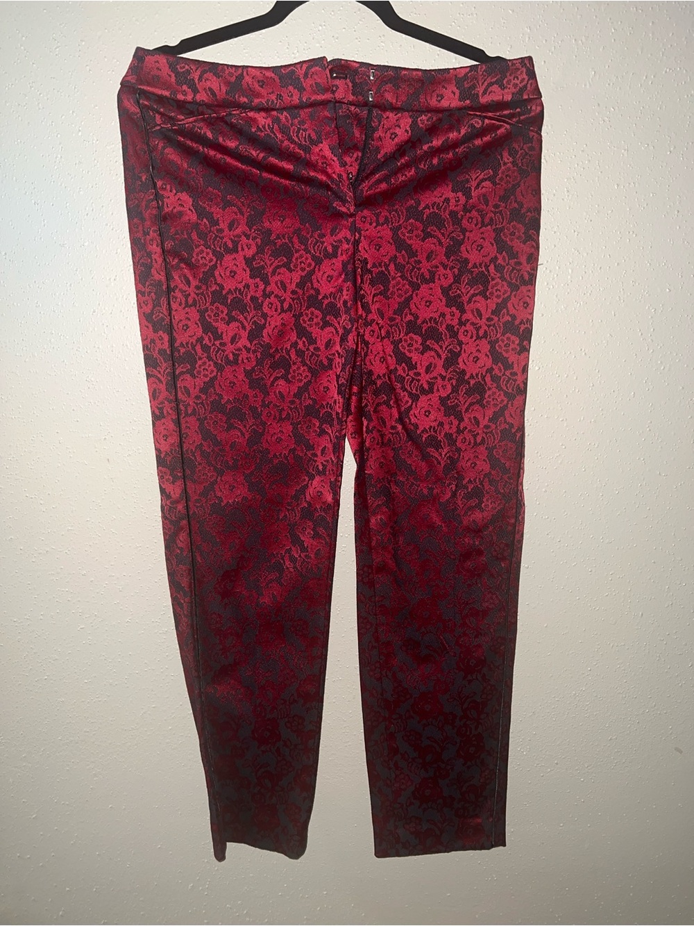 White House Black Market Red and Black Brocade Slim Ankle Pants